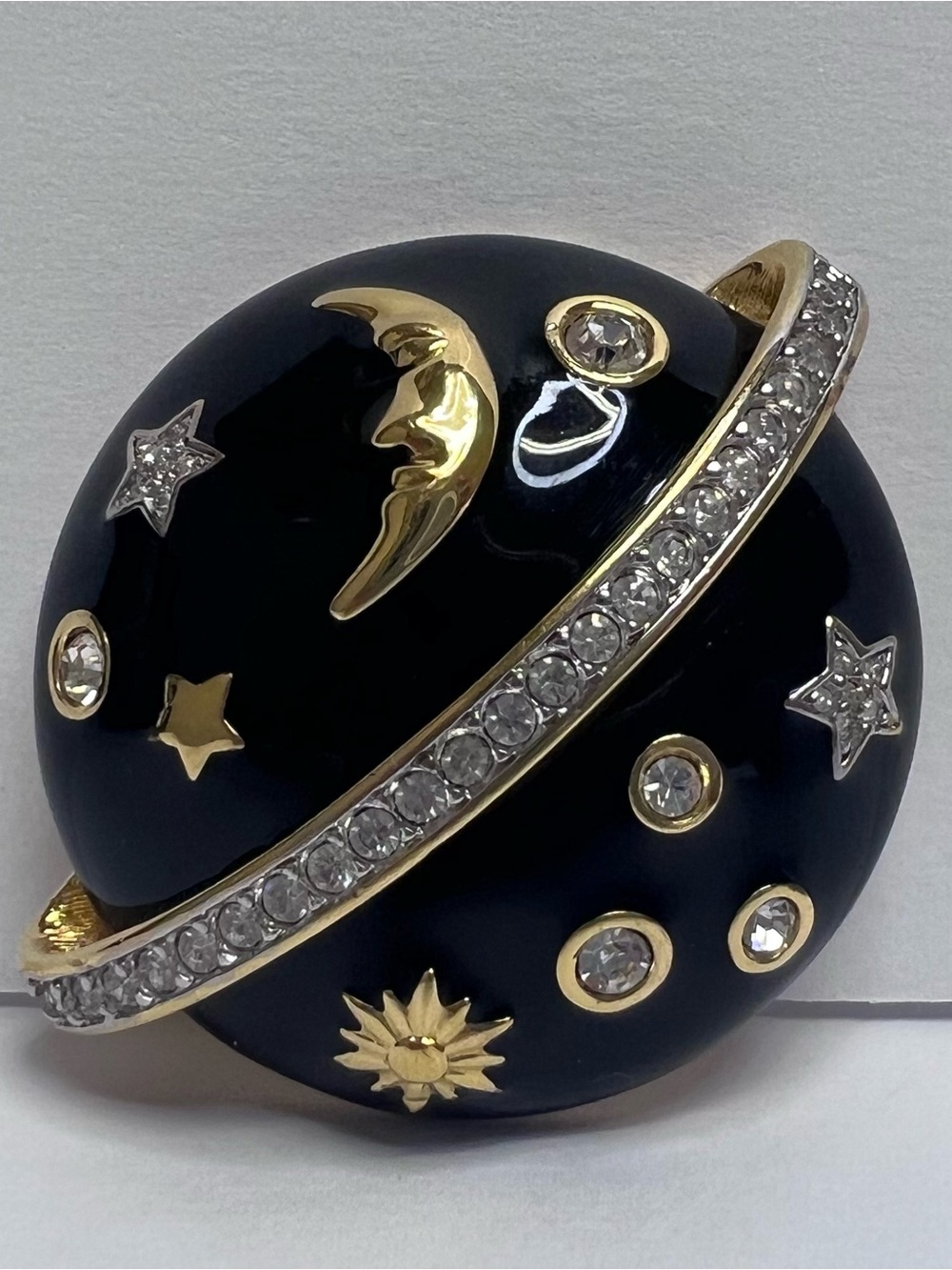 Swarovski Black Enamel Celestial Planet Brooch with Gold Accents